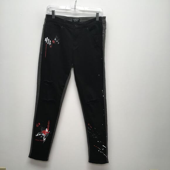 Maniere De Voir Mens Black Gray 2 Pc Set Denim Jacket M Graffiti Skinny Jeans 34 - Picture 6 of 16